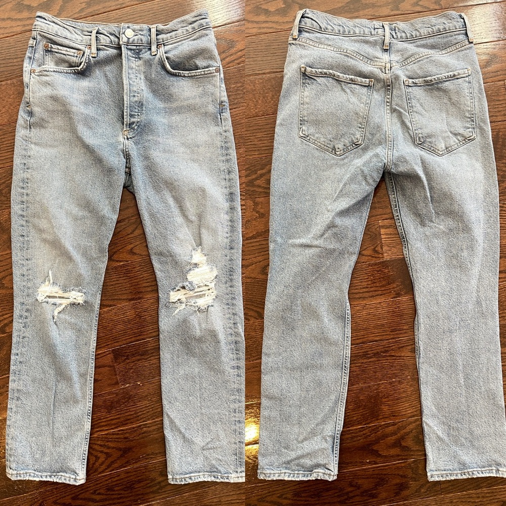 Agolde light wash Riley high rise straight crop distressed jeans size 27